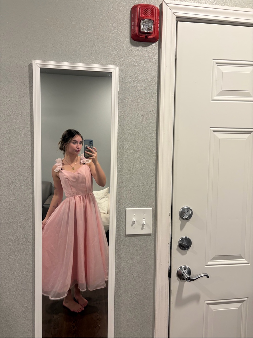 Vintage Bianchi Soft Pink Midi Tulle Dress with Floral Shoulder Straps